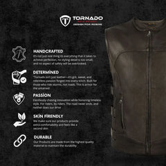 Brown leather vest with Tornado brand logo and product features on a dark background