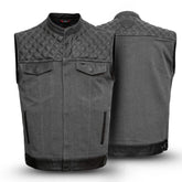 Gray quilted leather vest shown from front and back on a white background