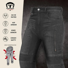 motorcycle jeans with armor features on a dark background