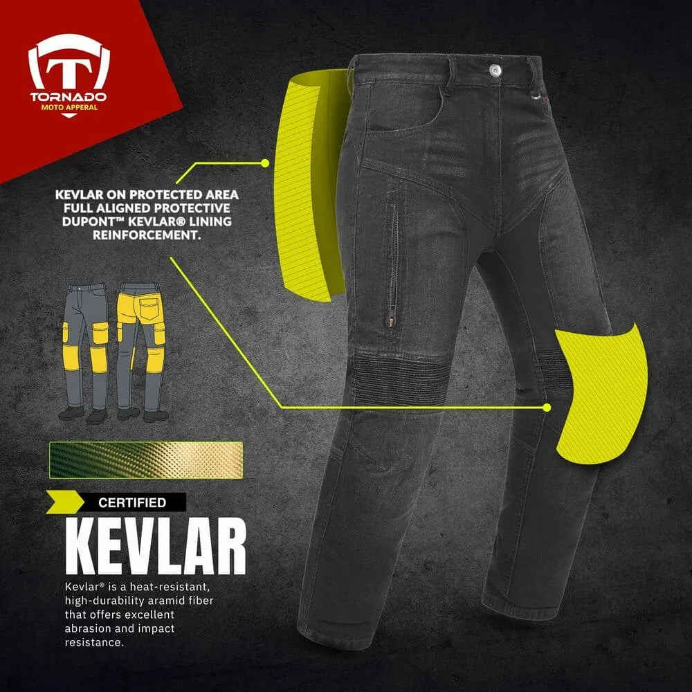 Black protective motorcycle jeans with Kevlar reinforcement on a dark background, featuring Tornado logo.