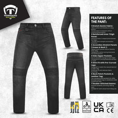 Black motorcycle pants with features listed motorcycle jeans a gray background, branded as Tornado Moto Apparel.