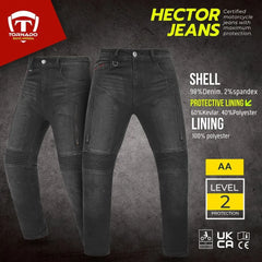 Motorcycle jeans with protective features on a dark background, featuring the Tornado brand.