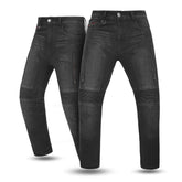 Pair of black motorcycle jeans on a white background