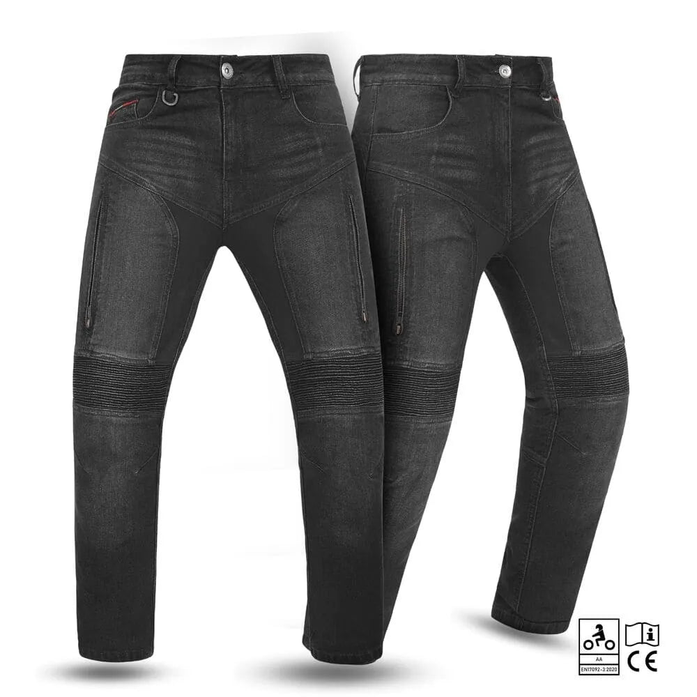 Pair of black motorcycle jeans on a white background