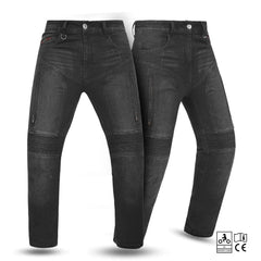 Pair of black motorcycle jeans on a white background