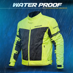 Mens 100% waterproof and windproof mesh jacket Tornado in yellow on rain background for all-weather motorcycle use