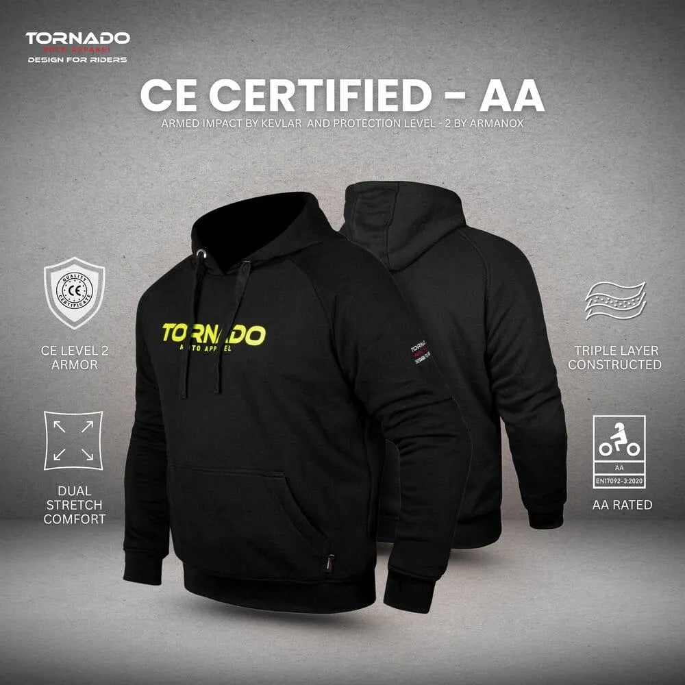 Black hoodie with Tornado branding on a gray background, featuring CE certification and armor information.