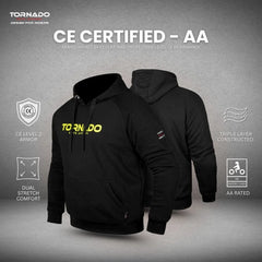 Black hoodie with Tornado branding on a gray background, featuring CE certification and armor information.