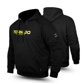 Black hoodie with yellow text 'Tornado' on a white background