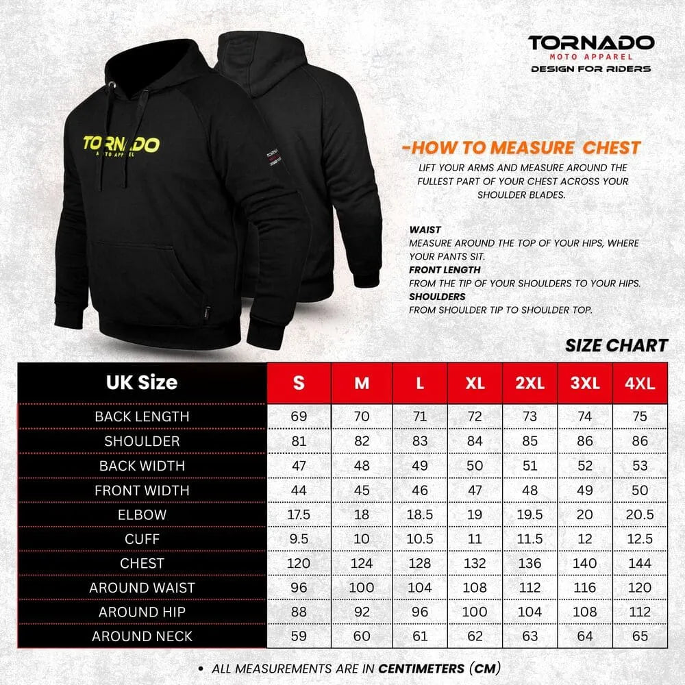 Black hoodie with Tornado branding, size chart, and measurement guide on a gray background