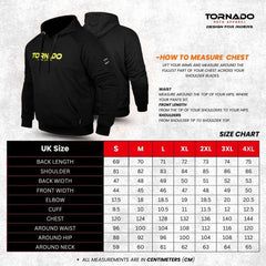 Black hoodie with Tornado branding, size chart, and measurement guide on a gray background