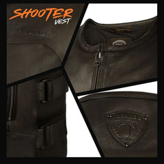 Collage of a brown leather shooter vest with brand logo, close-up details on a white background.