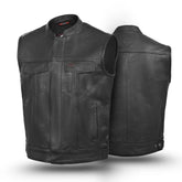 Men's black real leather biker waistcoat with classic motorcycle cut. Features durable stitching, a clean look, and the Tornado logo. Ideal for motorcyclists seeking style and comfort
