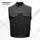Black and gray quilted leather vest with Tornado logo on a white background