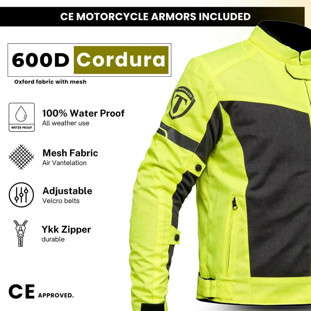 Features of mens CE approved mesh jacket with 600D Cordura oxford fabric 100% waterproof mesh air ventilation adjustable velcro and YKK zipper