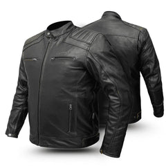 Black leather jacket shown from front and back on a white background