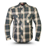 Men’s green and blue plaid Kevlar motorcycle shirt with front button closure and dual chest pockets.