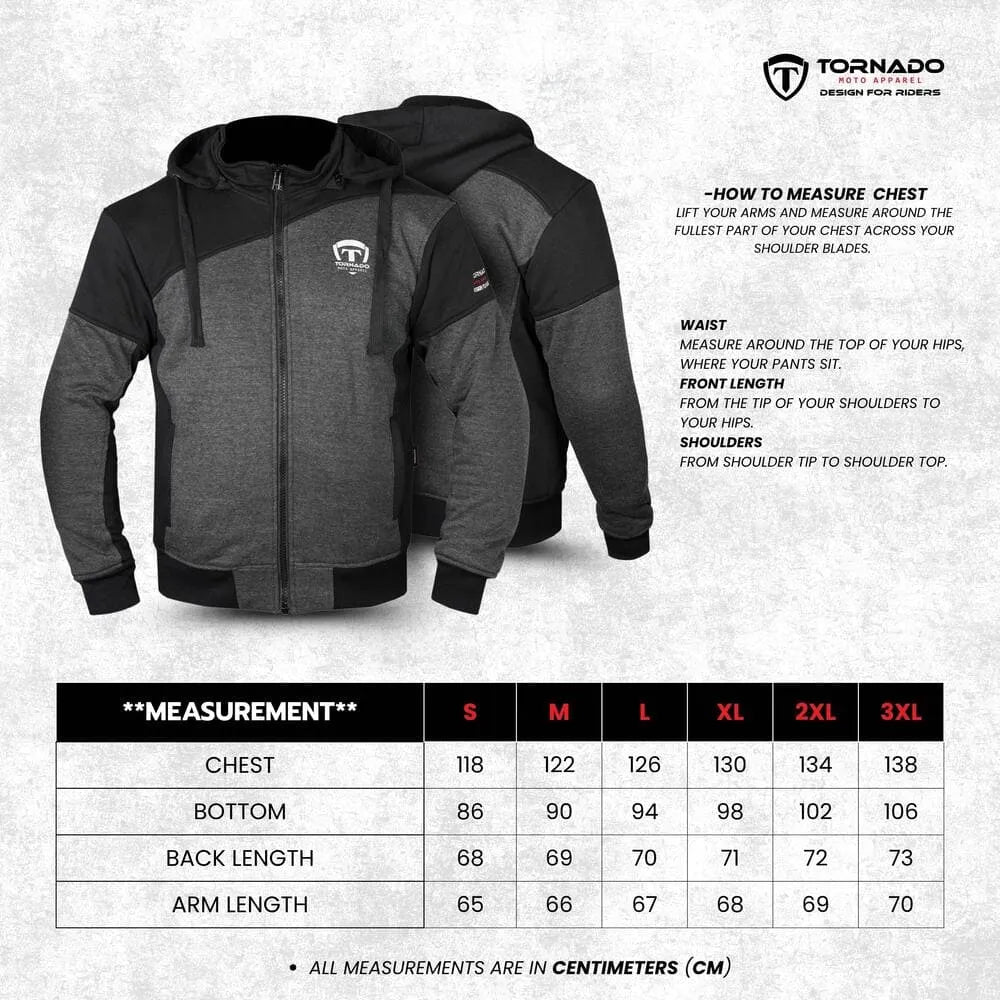 Gray and black motorcycle hoodie with measurement chart on a light gray background