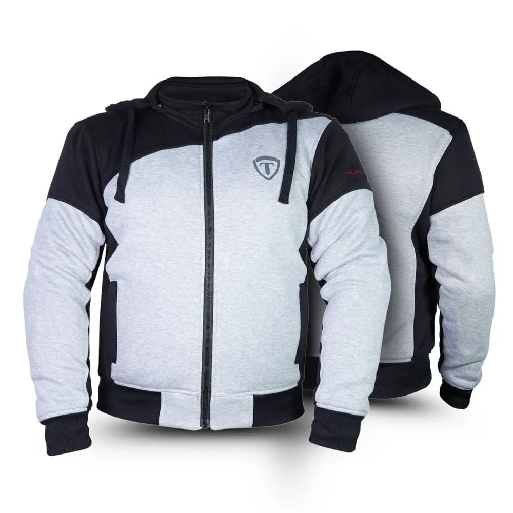 Gray and black motorcycle hoodie with a brand logo on a white background