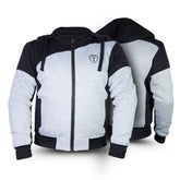 Gray and black motorcycle hoodie with a brand logo on a white background