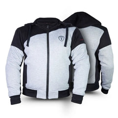 Gray and black motorcycle hoodie with a brand logo on a white background