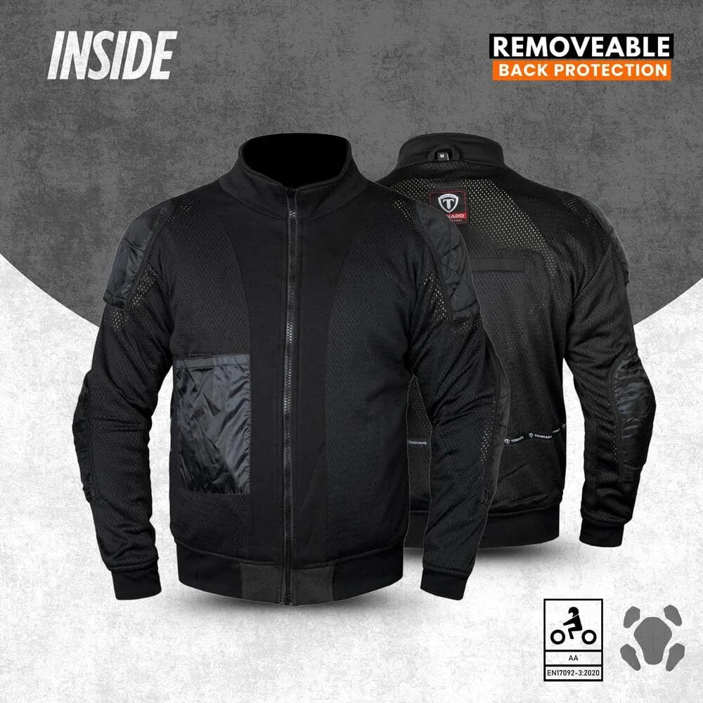 Gray and black motorcycle hoodie with removeable back protection on a gray background
