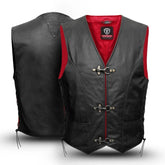 Men's black leather biker vest with red interior and metal buckle closures. Features adjustable laces on the sides for a custom fit. Ideal for motorcycle riders seeking both style and protection