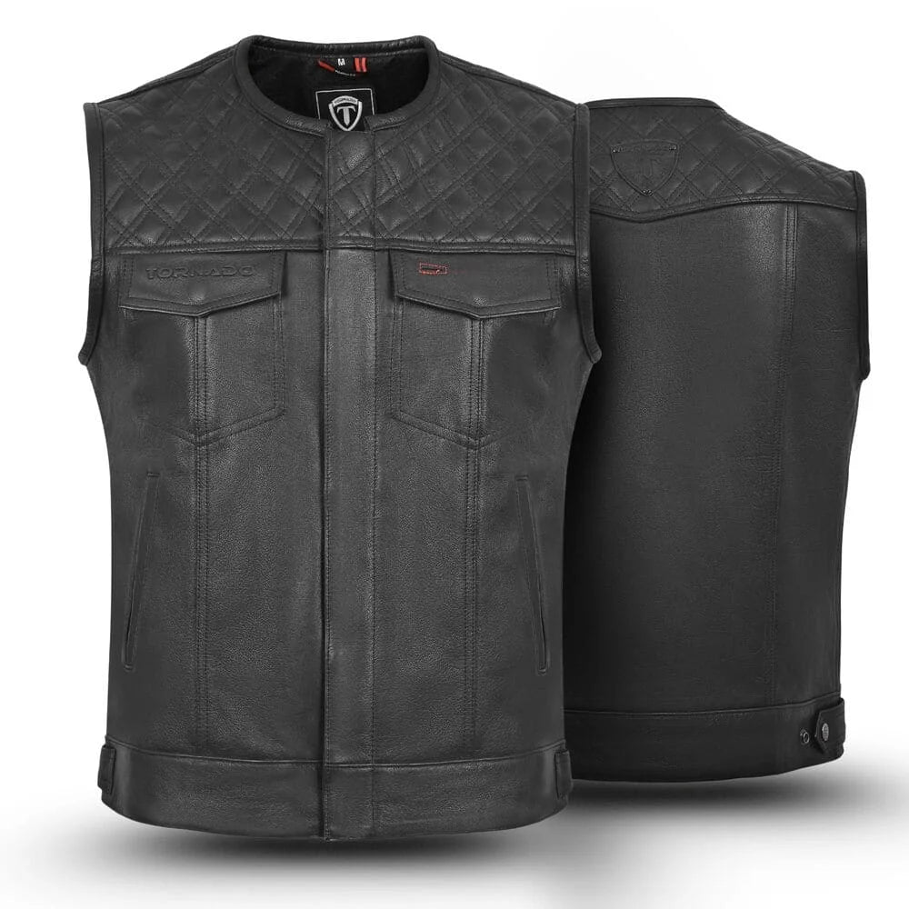 Men's black leather biker vest with quilted shoulders and the Tornado logo. A premium genuine leather motorcycle vest, perfect for riders who value style and comfort
