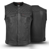 Men's black leather biker vest with quilted shoulders and the Tornado logo. A premium genuine leather motorcycle vest, perfect for riders who value style and comfort