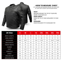 Black leather jacket with measurement guide and size chart on a white background