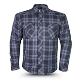 Front view of men’s lumberjack motorcycle shirt reinforced with protective Kevlar lining