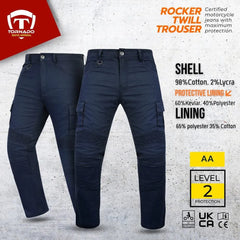 Motorcycle trousers with certification details on a gray background
