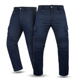 Pair of blue motorcycle jeans tactical pants on a white background