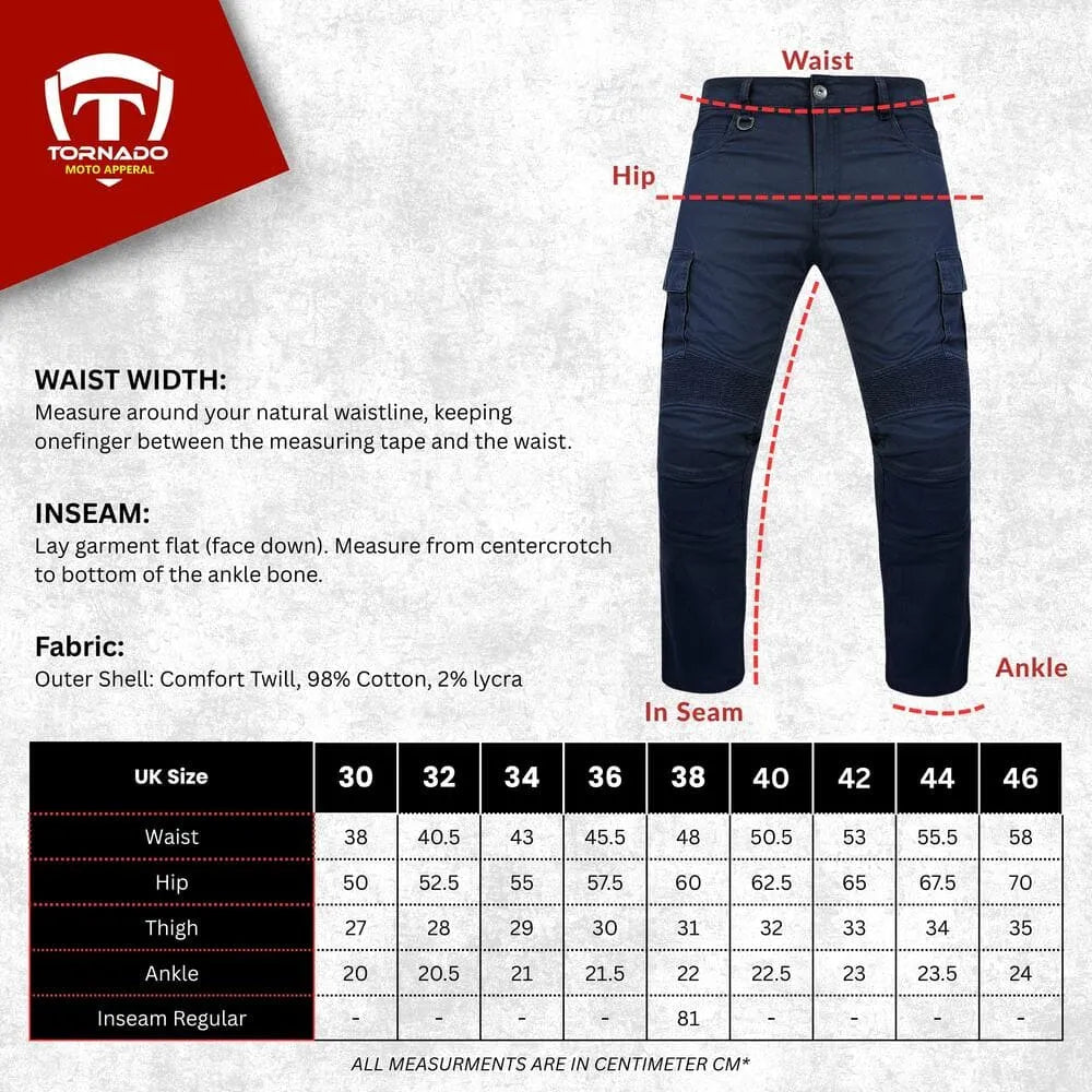 Navy blue pants with measurement guide and Tornado logo on a light gray background