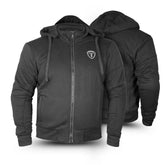 Black motorcycle hoodie with a logo on the chest, shown from front and back views.