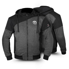 Gray and black motorcycle hoodie with brand logo on a white background