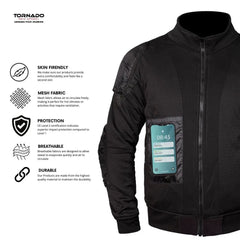 motorcycle hoodie with digital display on sleeve, featuring Tornado brand, on a white background.