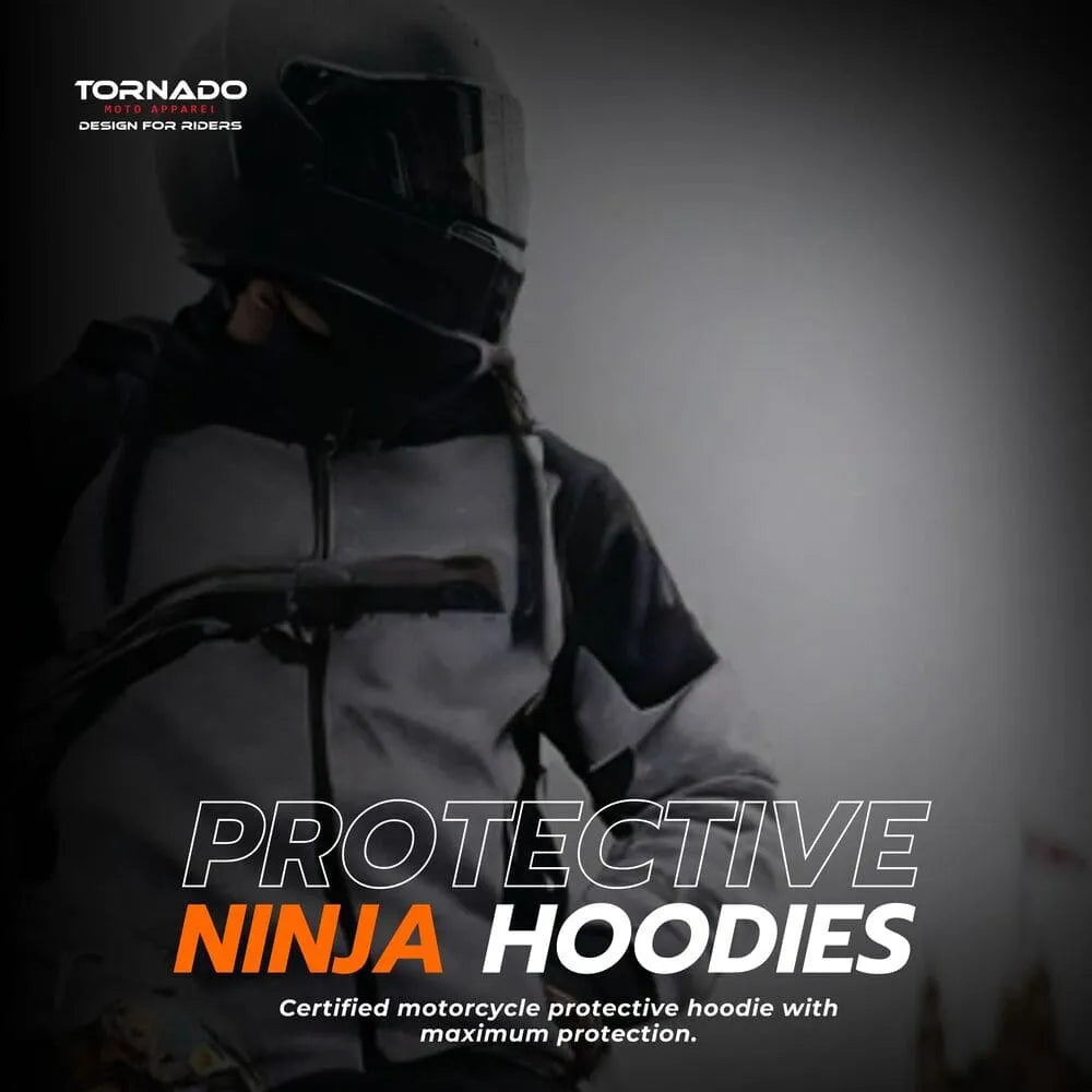 Person wearing a protective motorcycle hoodie with text about certification and maximum protection.