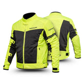 Front and back views of mens summer mesh motorcycle jacket in yellow with protective panels adjustable cuffs and Tornado branding