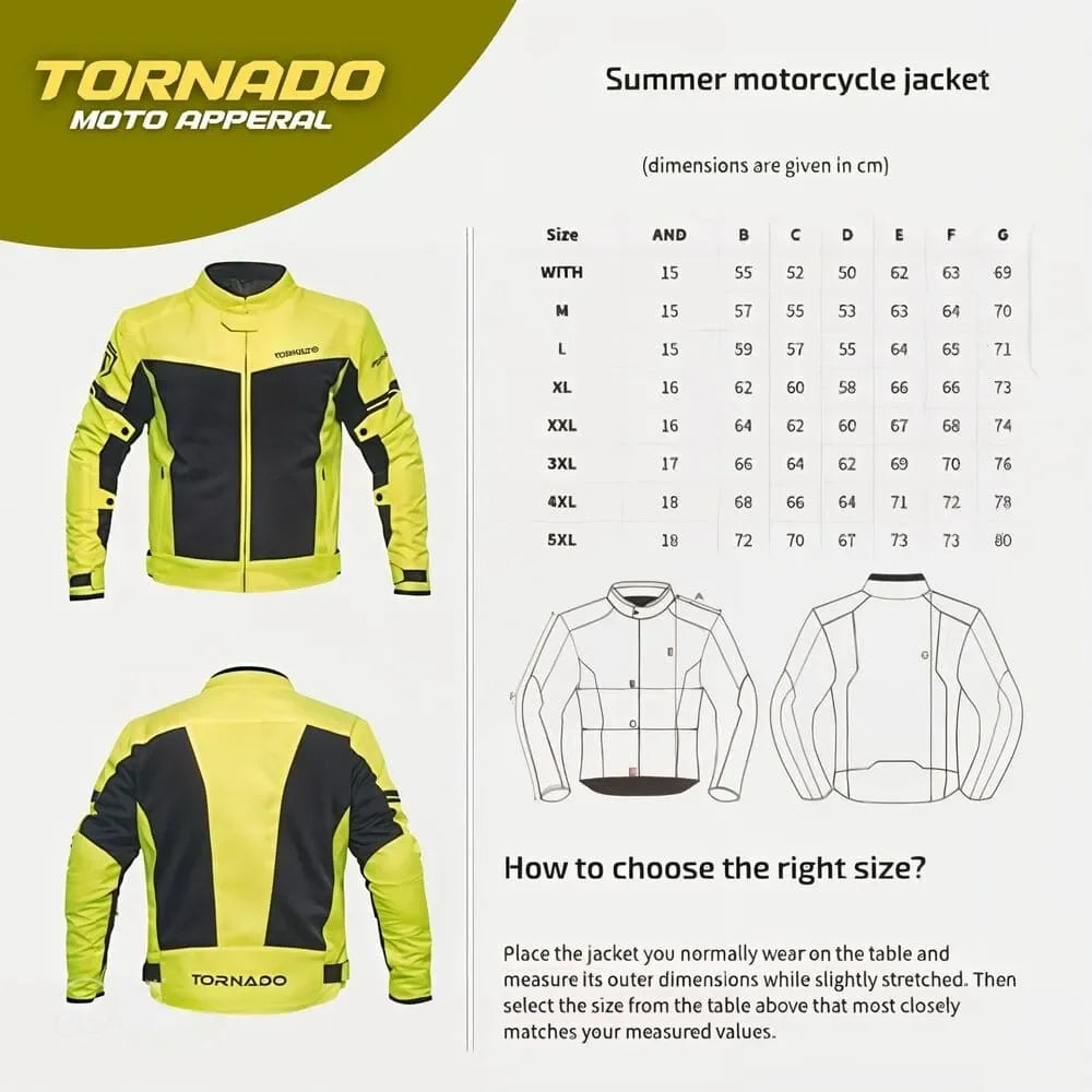 Size chart for mens summer motorcycle jacket in yellow with front back views and measurements in cm for width A B C D E F G from S to 5XL
