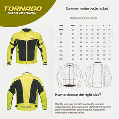 Size chart for mens summer motorcycle jacket in yellow with front back views and measurements in cm for width A B C D E F G from S to 5XL