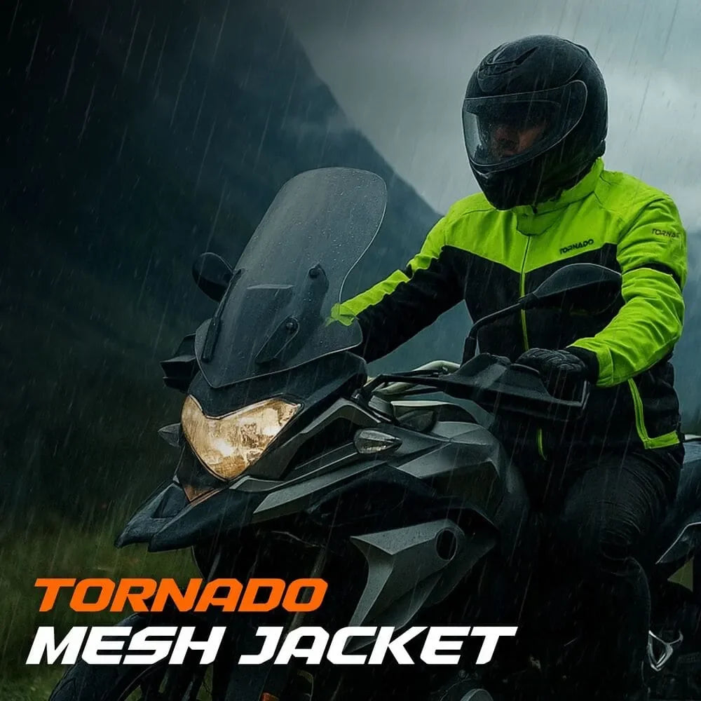 Mens waterproof mesh jacket Tornado worn by rider on motorcycle in rain showcasing all-weather protection and visibility
