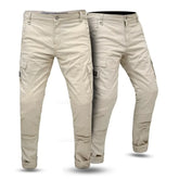 Front view of motorbike cargo jeans featuring CE-certified aramid protection and reinforced pockets, designed for maximum safety and comfort