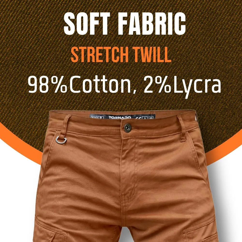 Side view of durable motorbike cargo jeans with CE-certified aramid protection and reinforced pockets for riders