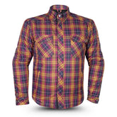 Front view of men’s yellow and red plaid motorcycle armoured shirt reinforced with Kevlar.