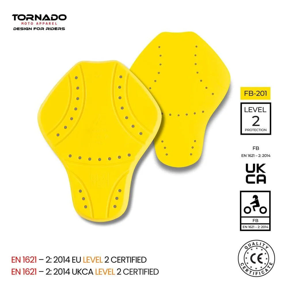 Yellow motorcycle back protector Level 2 certified by Tornado Moto, UKCA and CE approved.