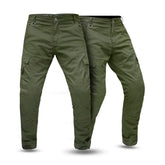 Olive green motorcycle jeans on a white background