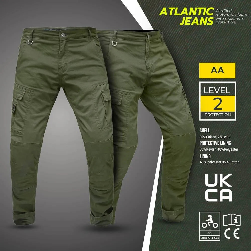 Olive green motorcycle jeans with protective features labeled by Atlantic Jeans on a gray background