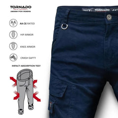 Navy blue motorcycle jeans with safety features labeled on a white background, featuring the brand 'Tornado'.