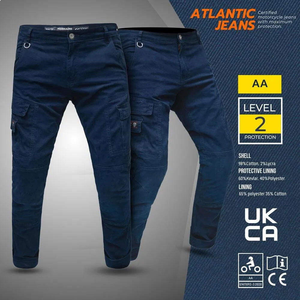 Navy blue motorcycle jeans with protective features on a gray background, featuring Atlantic Jeans branding.